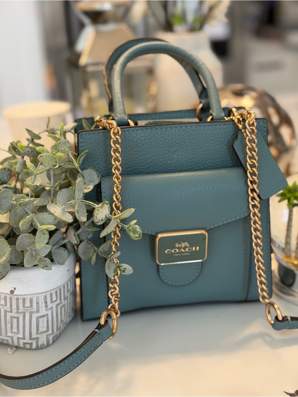 Coach Teal Leather Satchel with Gold Hardware - Picture 6 of 16